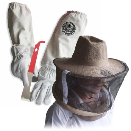 GoodLand Bee Supply GL-GLV-JHK-VL-MED Sheep Skin Beekeeping Protective Gloves with Canvas Sleeves and Beekeeping Hat Includes Round Veil - Medium & J-Hook Beehive Scraper Tool